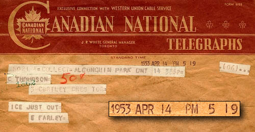 CN Telegram - 
		Ice Out at Canoe Lake April 14, 1953